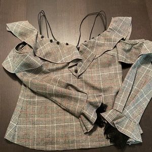 Self-Portrait Off-the-Shoulder Plaid Frill Blouse